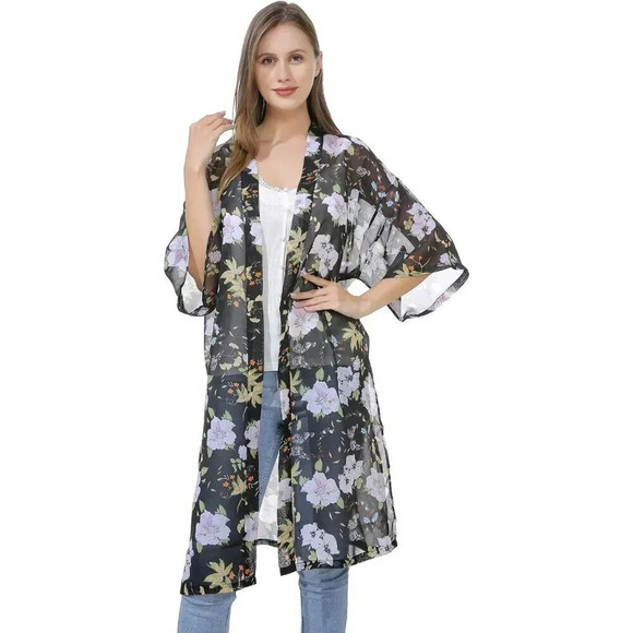 Women’s Chiffon Kimono Bathing Suit Cover Up Open Front Duster Kimono Dress - Picture 4 of 5